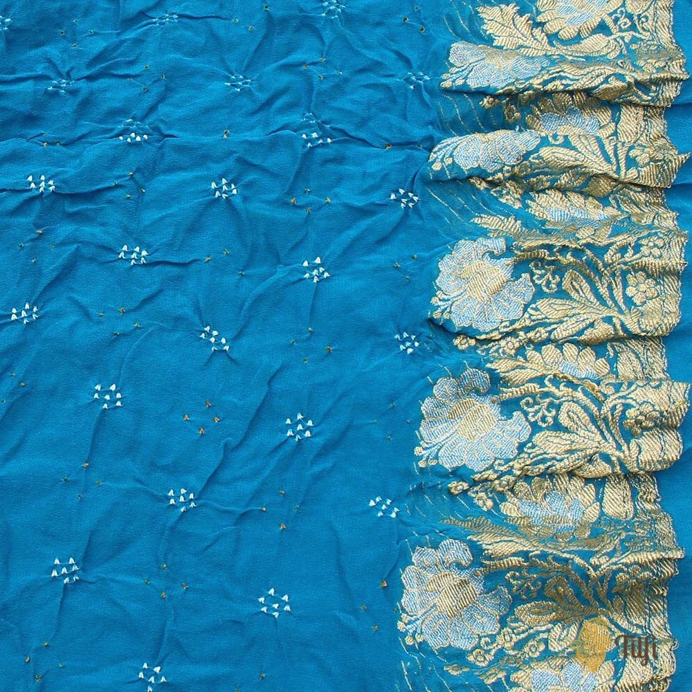 Parrot Green-Blue Pure Georgette Banarasi Bandhani Handloom Saree