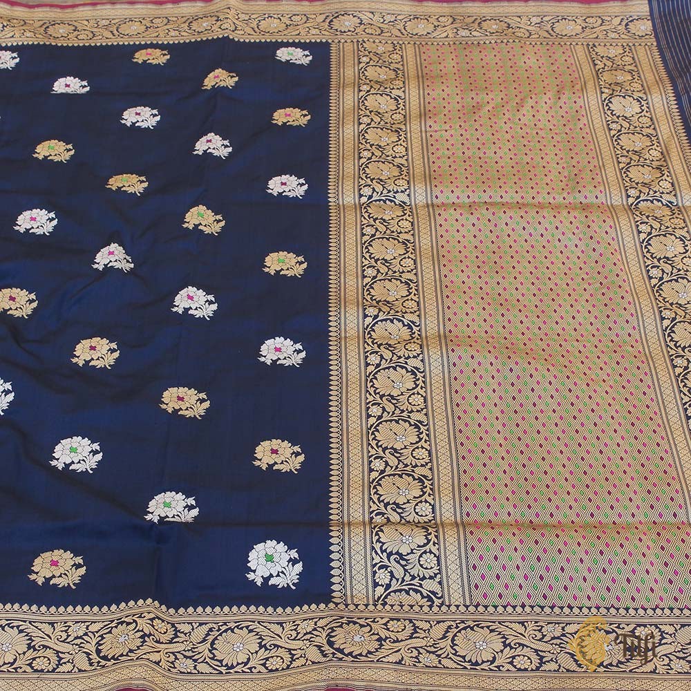 Black-Navy Blue Pure Katan Silk Banarasi Handloom Saree