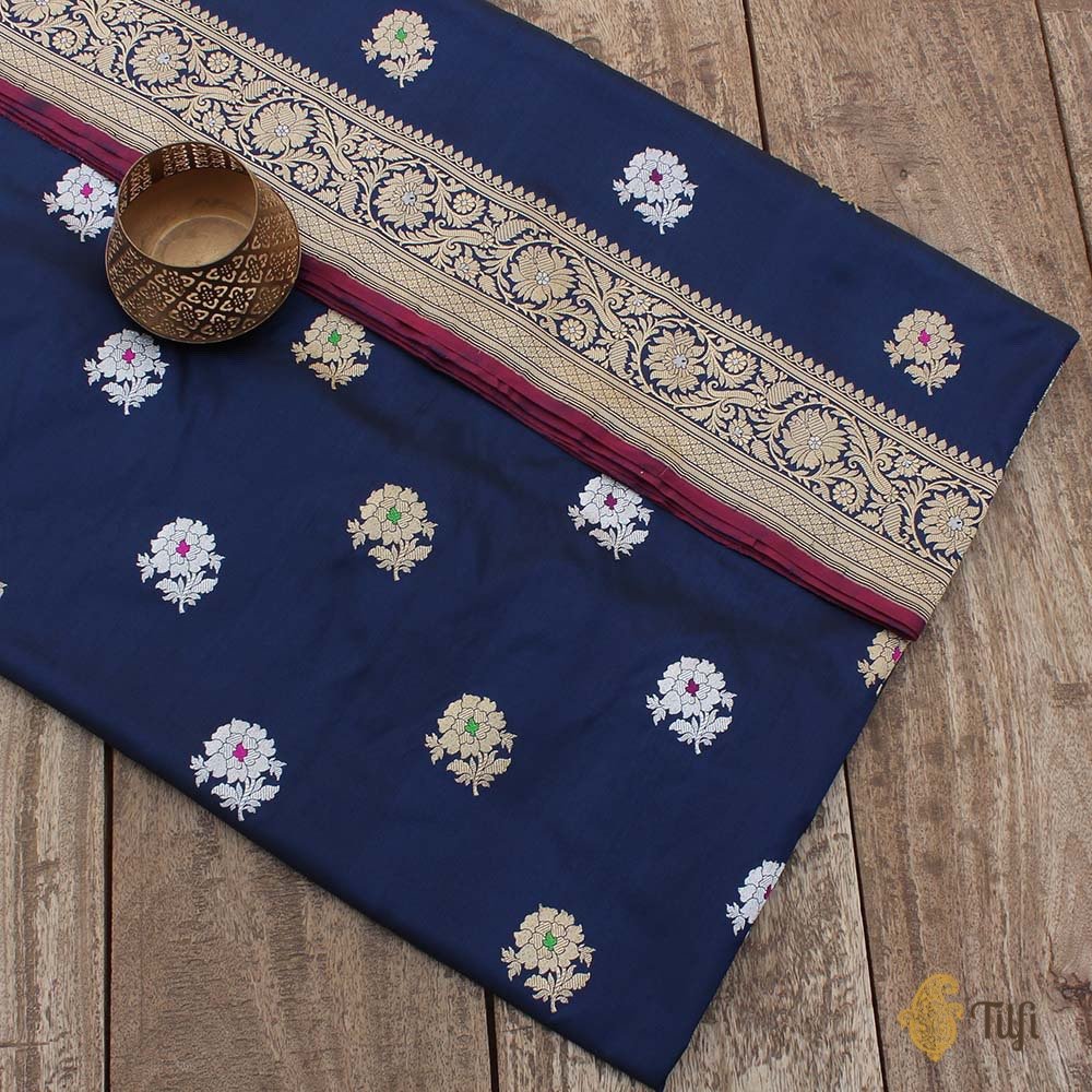 Black-Navy Blue Pure Katan Silk Banarasi Handloom Saree