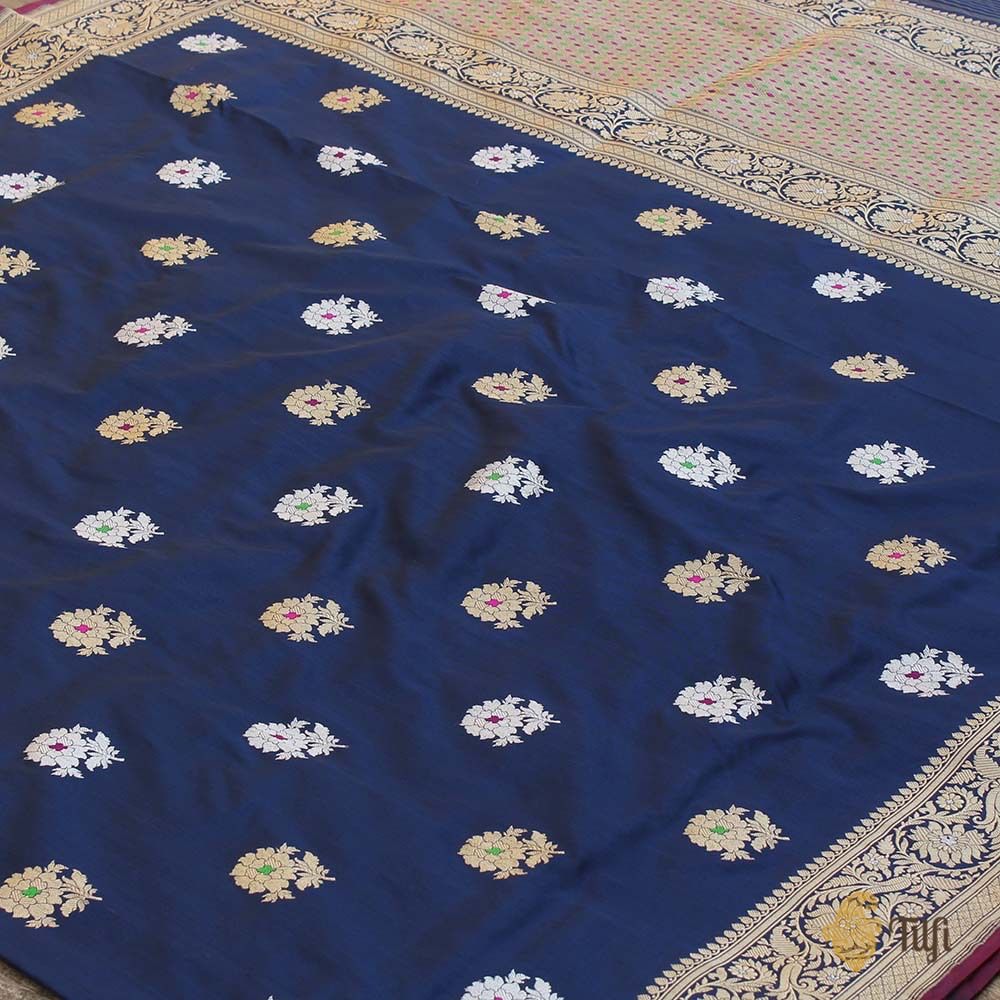 Black-Navy Blue Pure Katan Silk Banarasi Handloom Saree