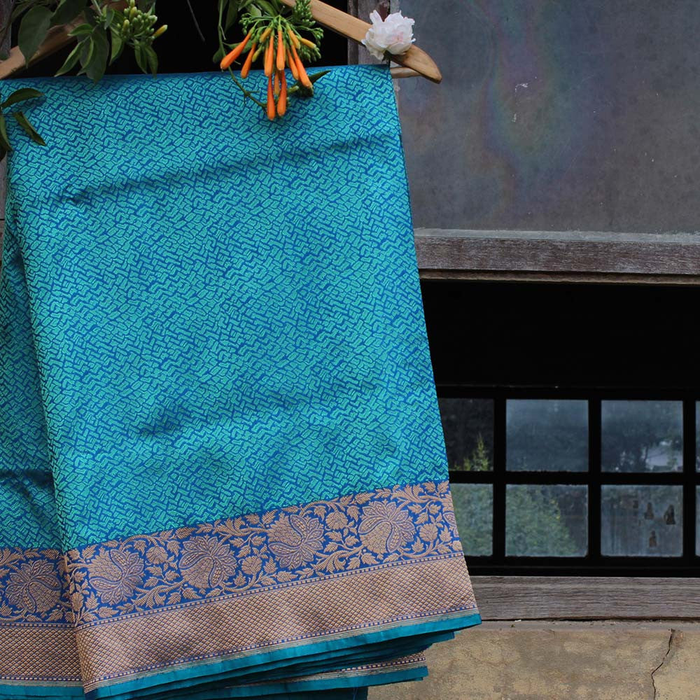 Sea Green-Blue Pure Silk Georgette Banarasi Handloom Saree