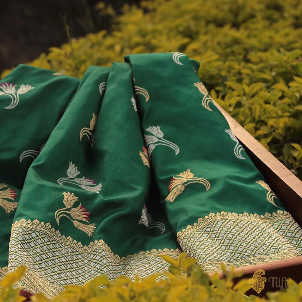 Bottle Green Pure Katan Silk Banarasi Handloom Saree
