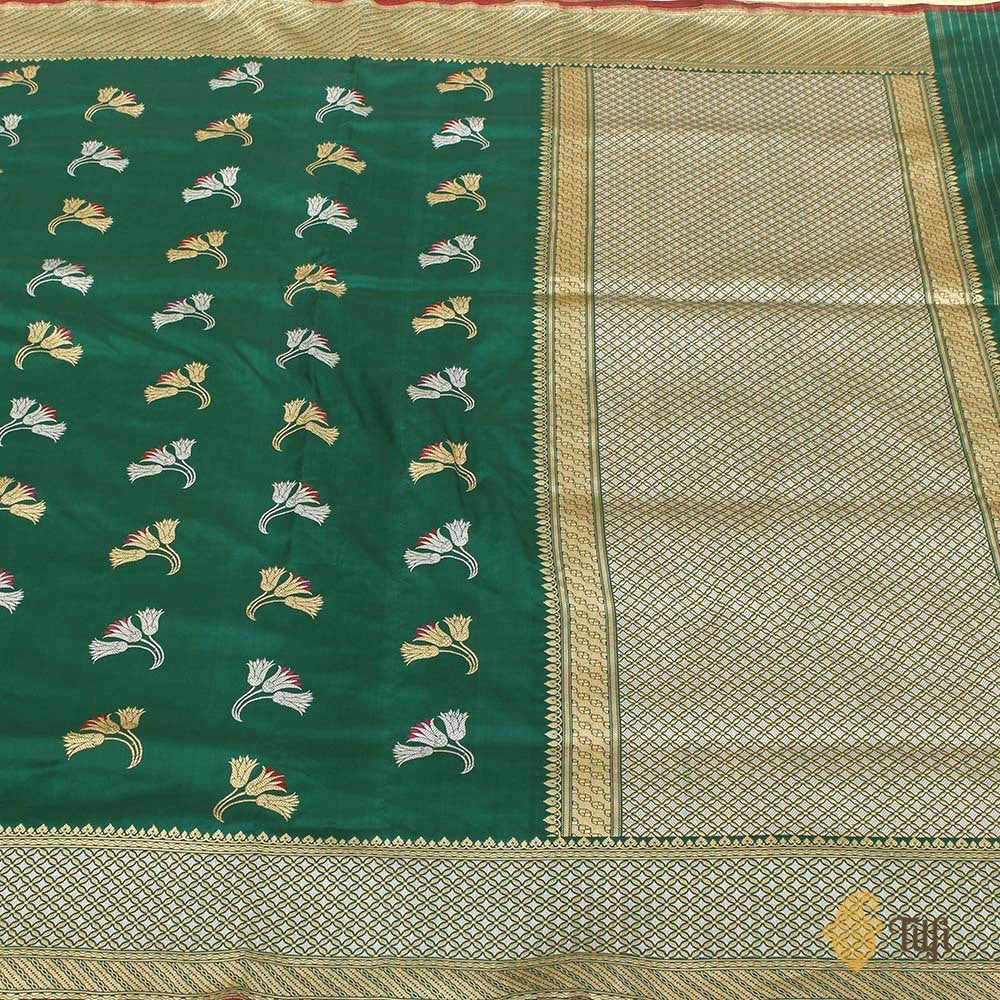 Bottle Green Pure Katan Silk Banarasi Handloom Saree