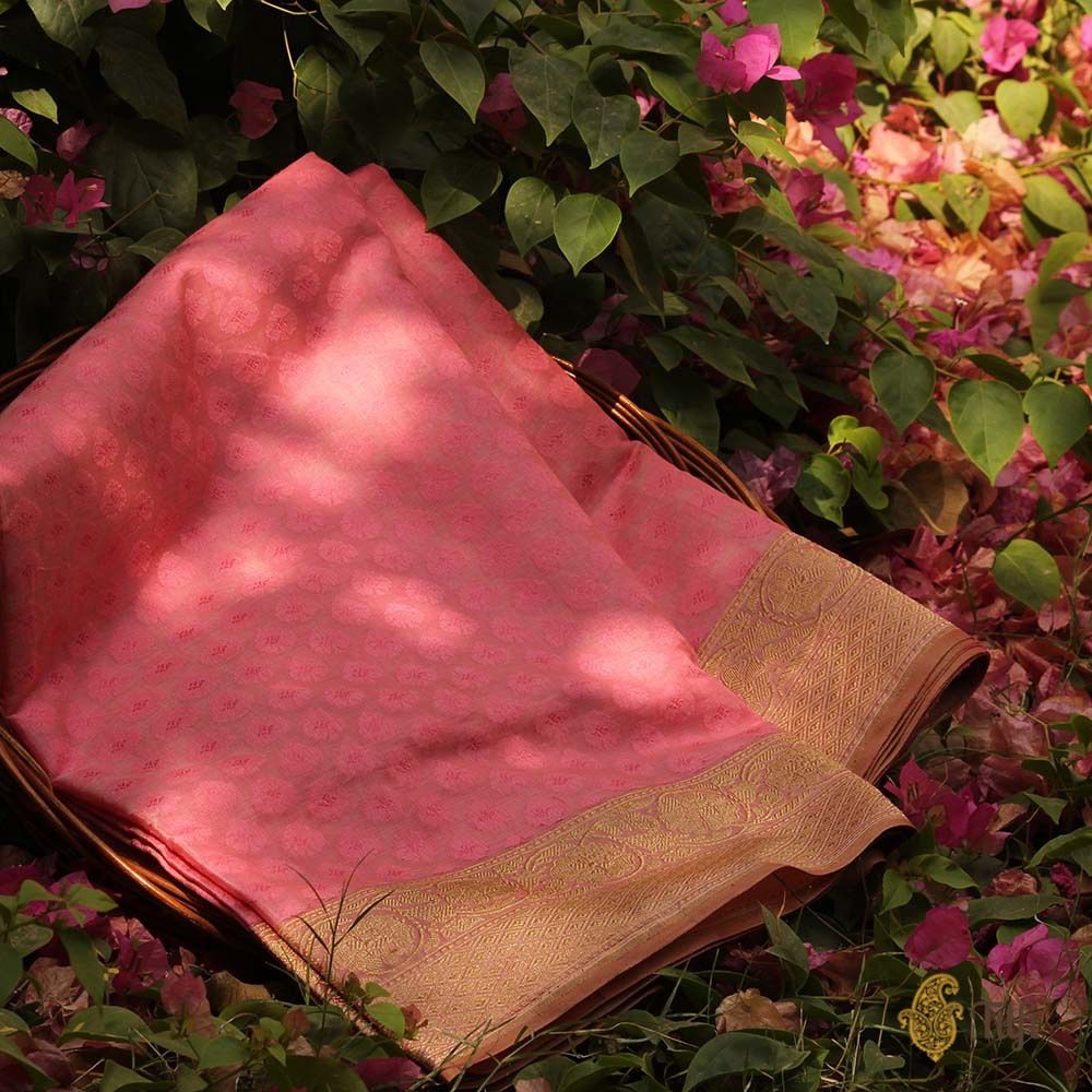 Cream-Pink Pure Cotton Handwoven Banarasi Saree