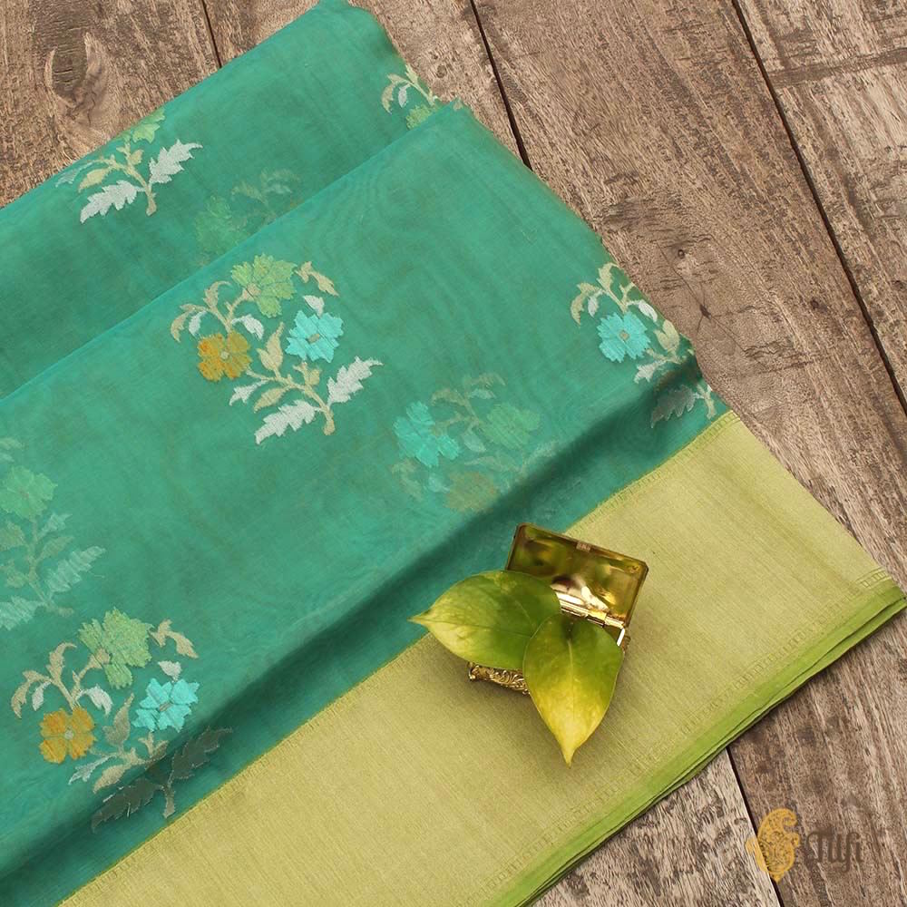 Turquoise Green Pure Kora Silk Handloom Banarasi Saree