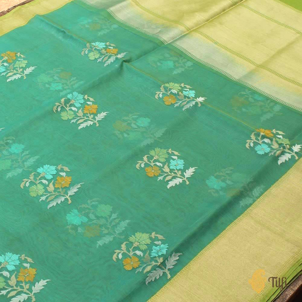 Turquoise Green Pure Kora Silk Handloom Banarasi Saree
