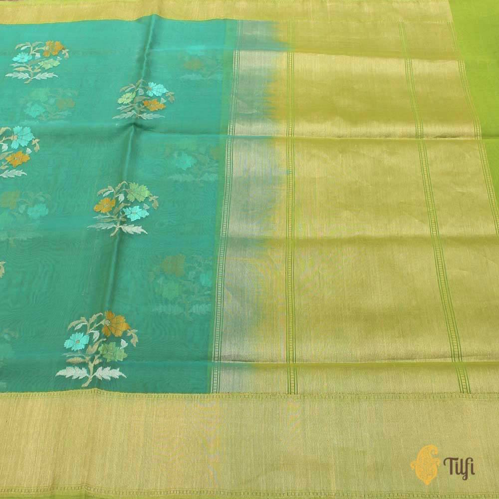 Turquoise Green Pure Kora Silk Handloom Banarasi Saree