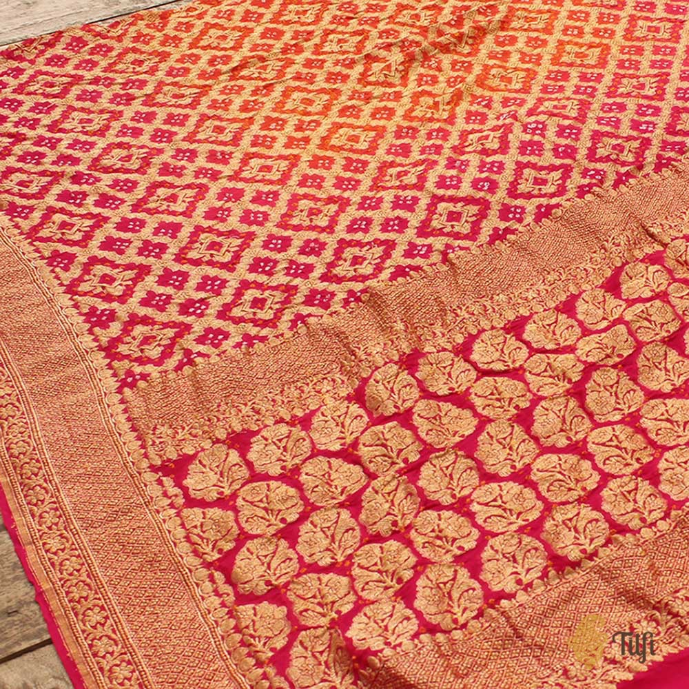Orange-Deep Red Rani Pink Ombr√© Pure Georgette Banarasi Bandhani Handloom Saree