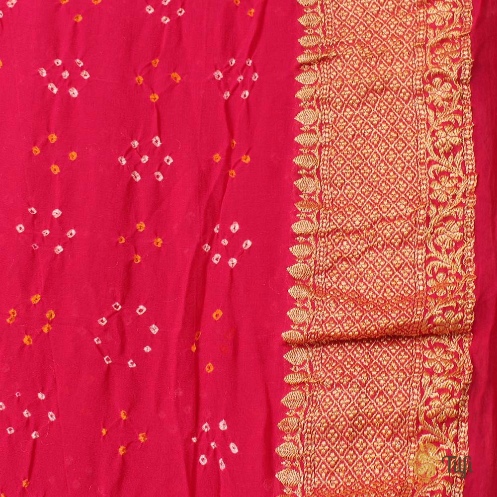 Orange-Deep Red Rani Pink Ombr√© Pure Georgette Banarasi Bandhani Handloom Saree