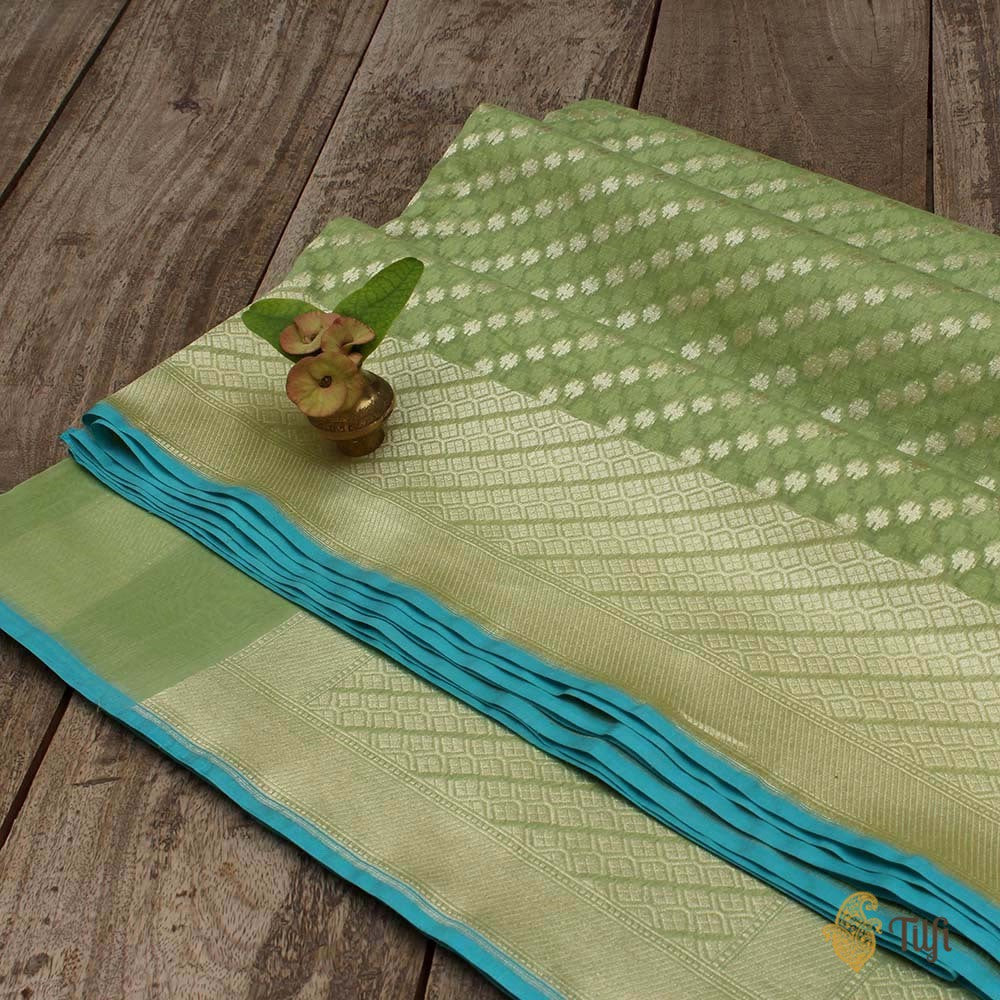 Pista Green Pure Cotton Banarasi Handloom Saree