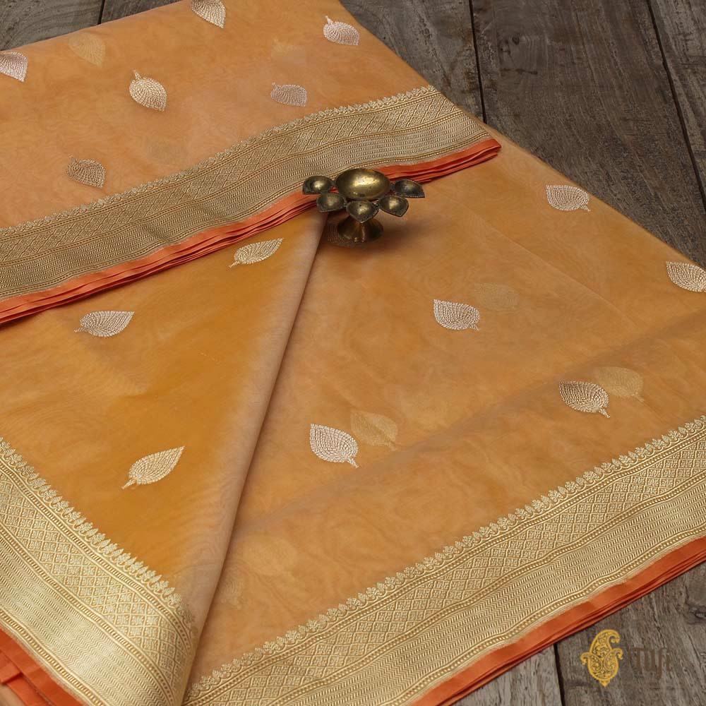 Off White-Yellowish Orange Pure Kora Silk Handwoven Banarasi Saree