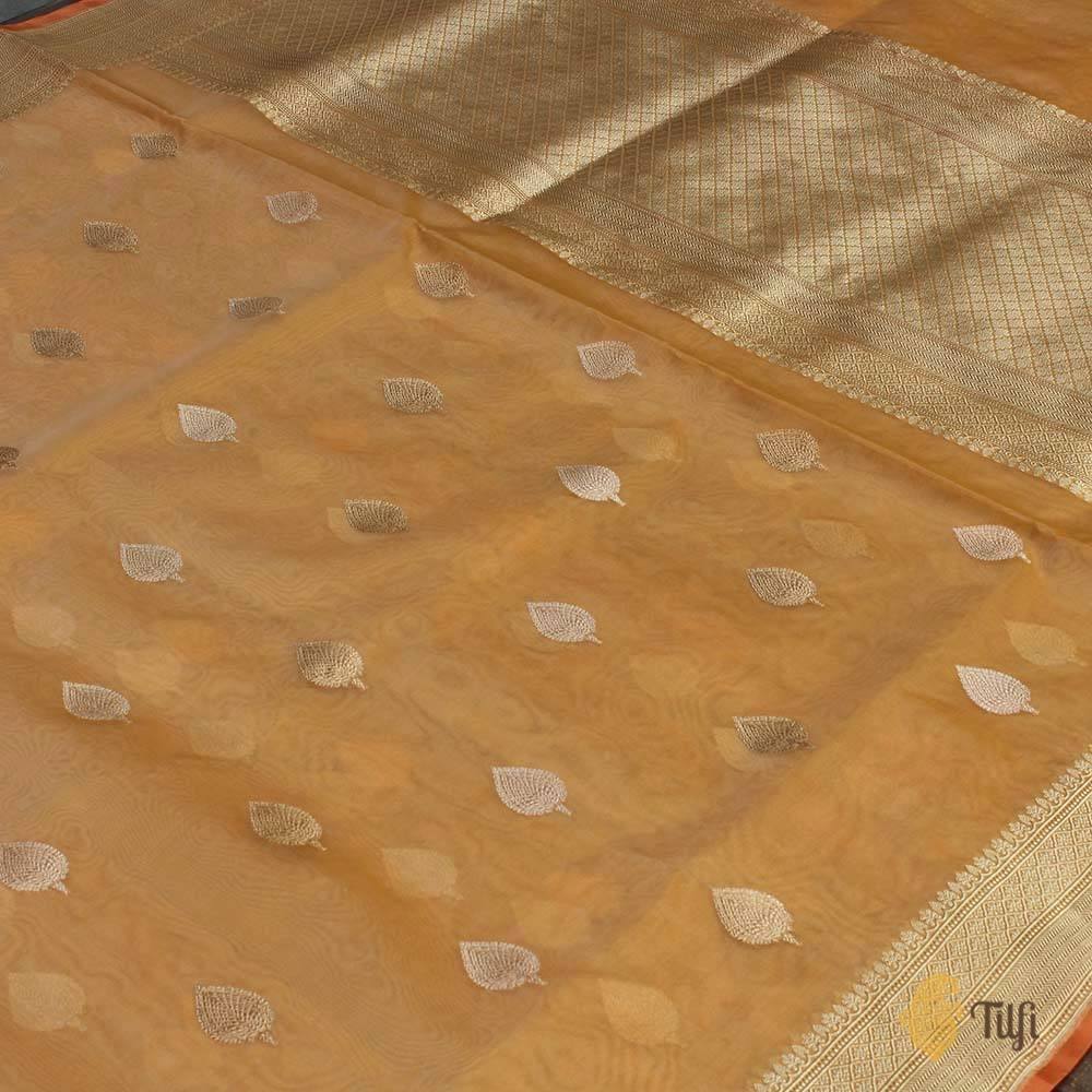 Off White-Yellowish Orange Pure Kora Silk Handwoven Banarasi Saree