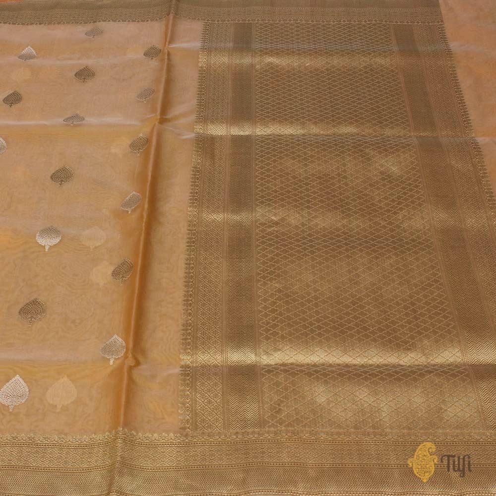 Off White-Yellowish Orange Pure Kora Silk Handwoven Banarasi Saree