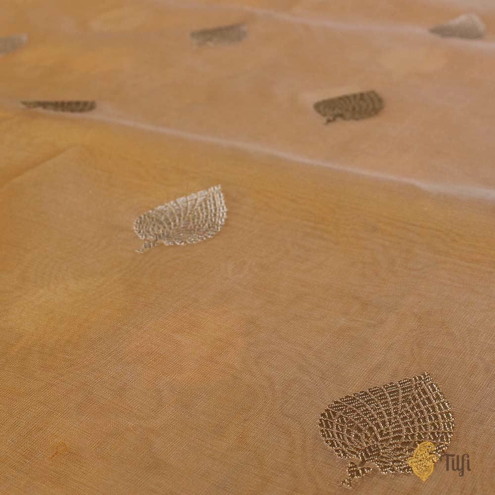 Off White-Yellowish Orange Pure Kora Silk Handwoven Banarasi Saree