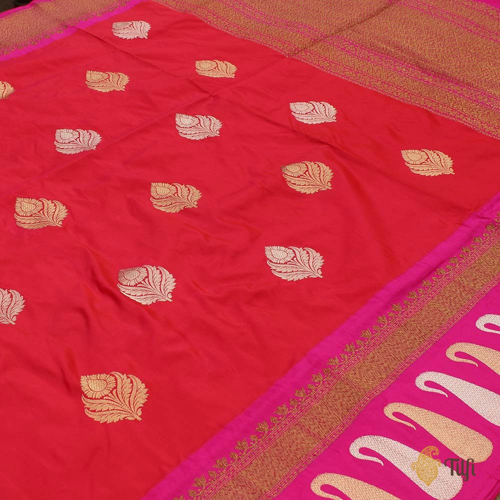 Red-Gulabi Pink Pure Katan Silk Banarasi Handloom Saree