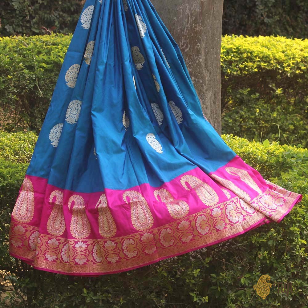 Turquoise Blue-Royal Blue Pure Katan Silk Banarasi Handloom Saree