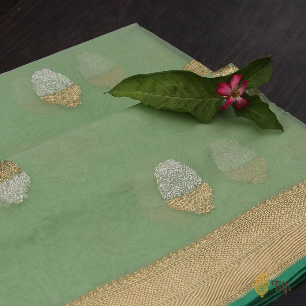 Light Aqua Green Pure Kora Silk Banarasi Handloom Saree