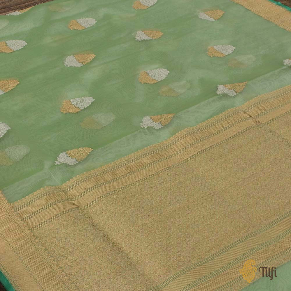 Light Aqua Green Pure Kora Silk Banarasi Handloom Saree