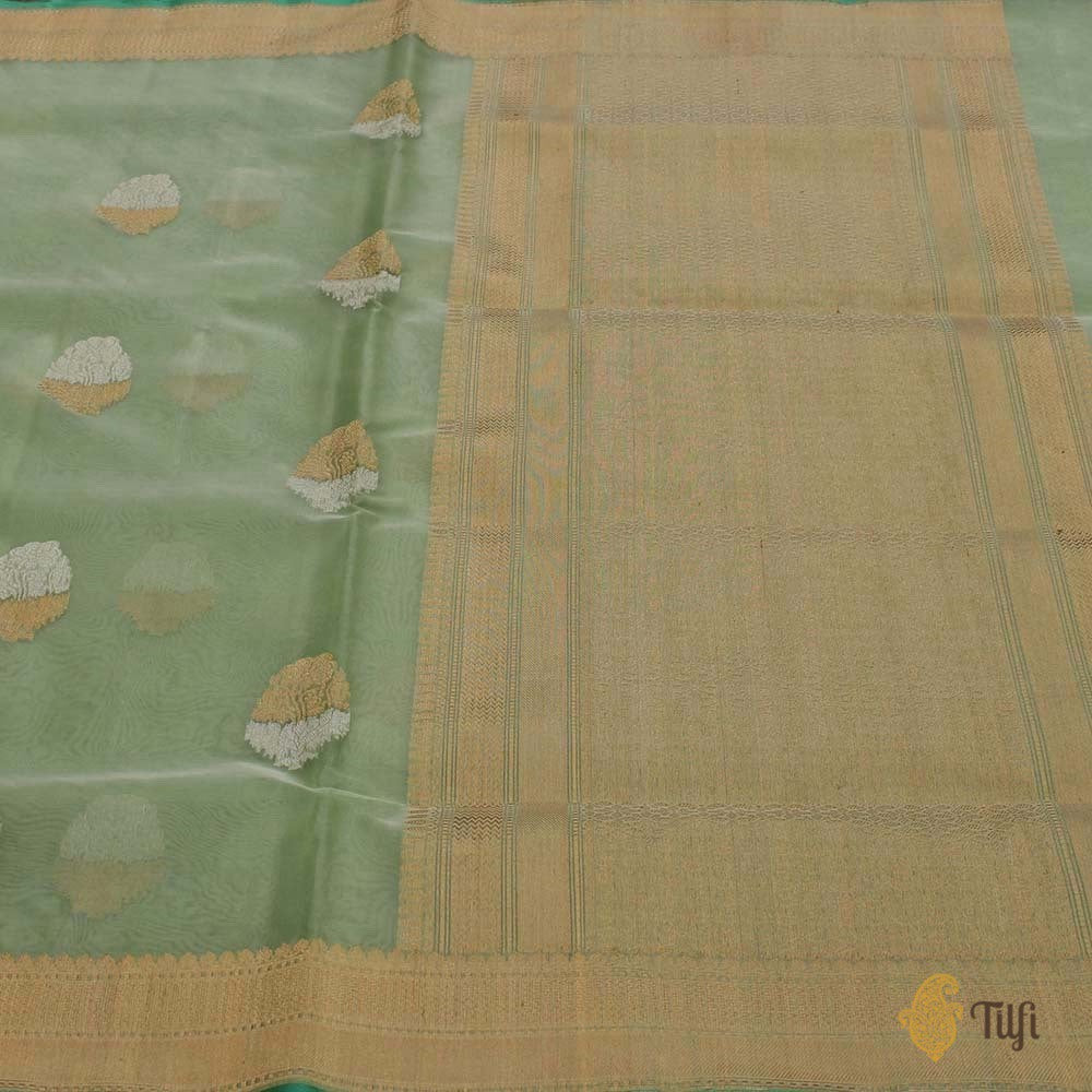 Light Aqua Green Pure Kora Silk Banarasi Handloom Saree