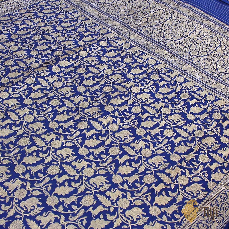 Black-Dark Blue Pure Katan Silk Banarasi Shikaargah Handloom Saree