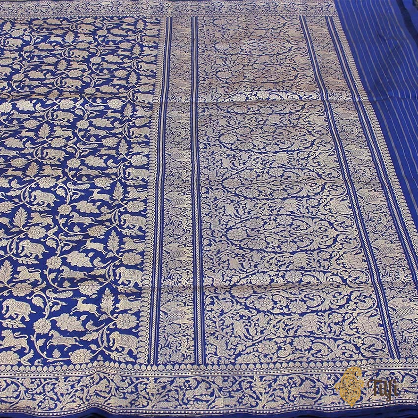 Black-Dark Blue Pure Katan Silk Banarasi Shikaargah Handloom Saree