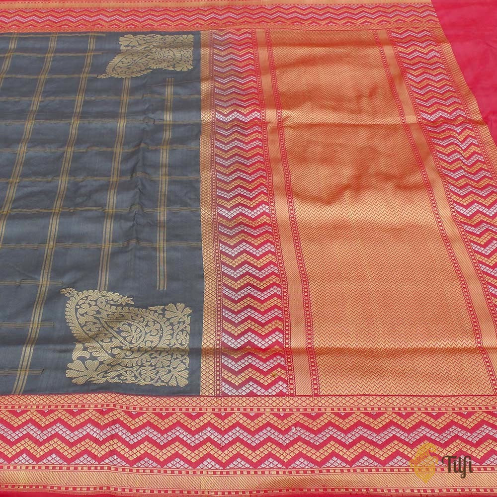 Grey-Pink Pure Katan Silk Banarasi Handloom Saree