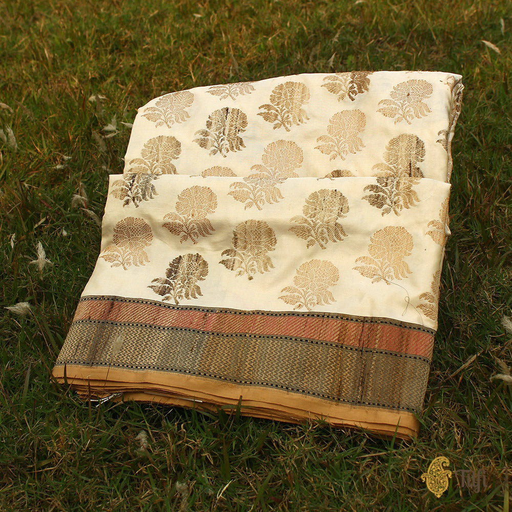 Off-White Pure Katan Silk Banarasi Handloom Saree