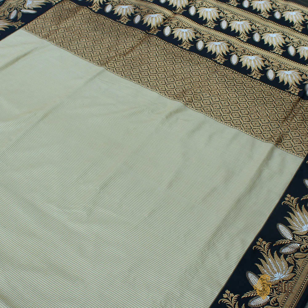 Beige-Black Pure Katan Silk Banarasi Handloom Saree