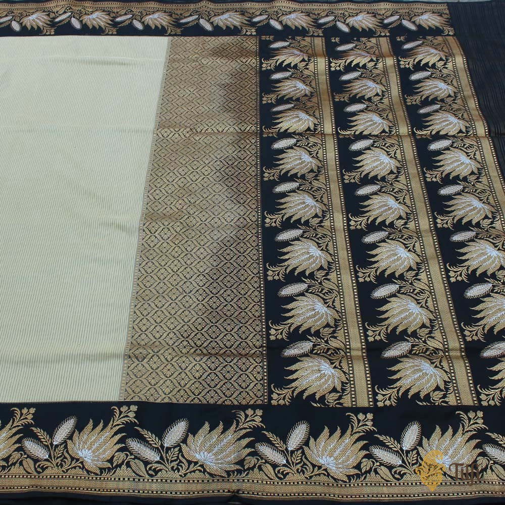 Beige-Black Pure Katan Silk Banarasi Handloom Saree