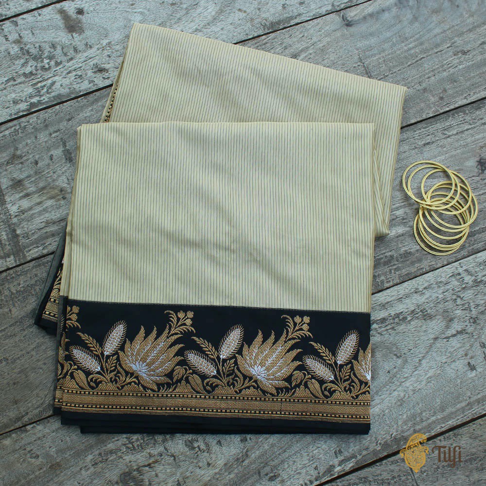 Beige-Black Pure Katan Silk Banarasi Handloom Saree