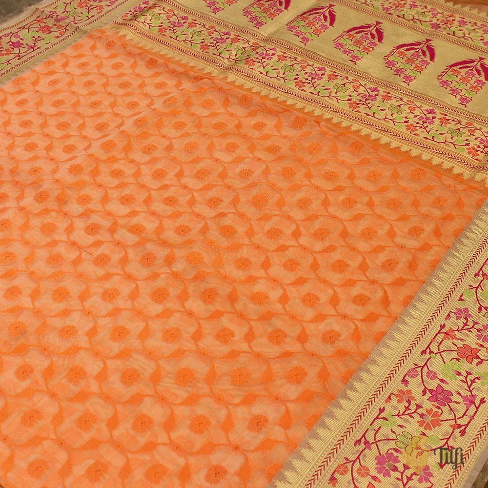 Orange Pure Kora Silk Banarasi Handloom Saree