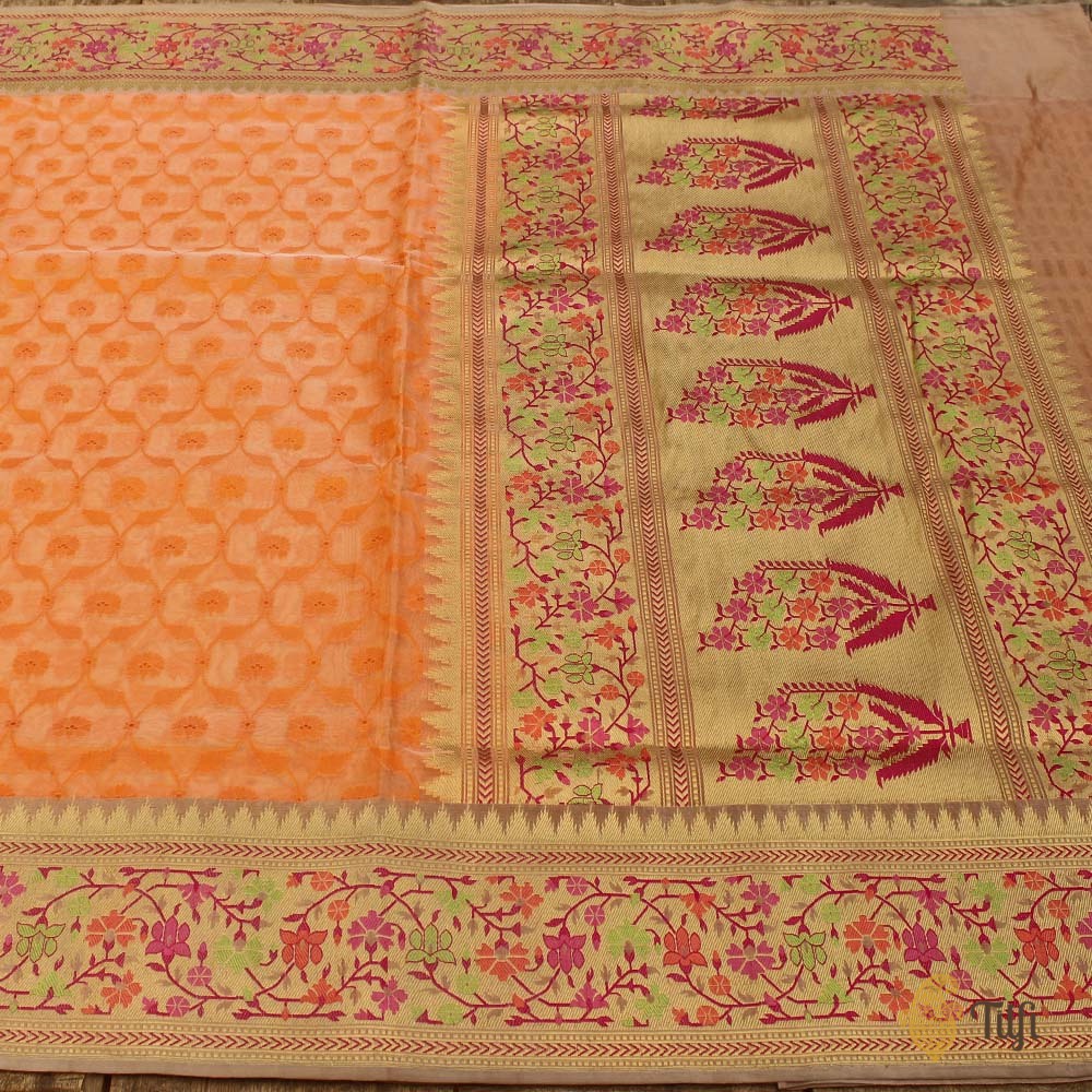 Orange Pure Kora Silk Banarasi Handloom Saree