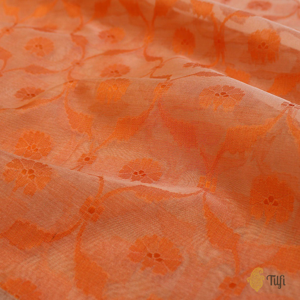 Orange Pure Kora Silk Banarasi Handloom Saree
