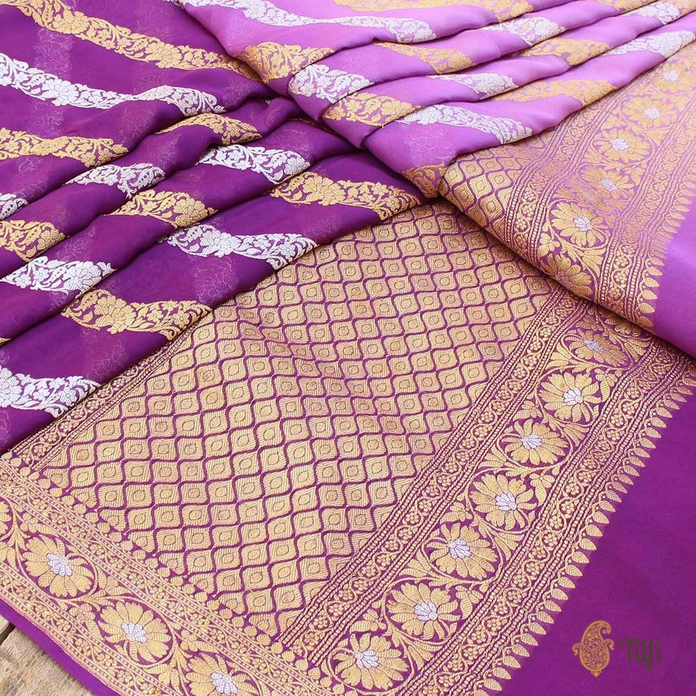 Lilac-Purple Ombré Pure Khaddi Georgette Banarasi Handloom Saree