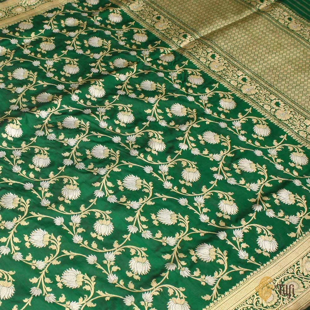 Dark Green Pure Katan Silk Banarasi Handloom Saree