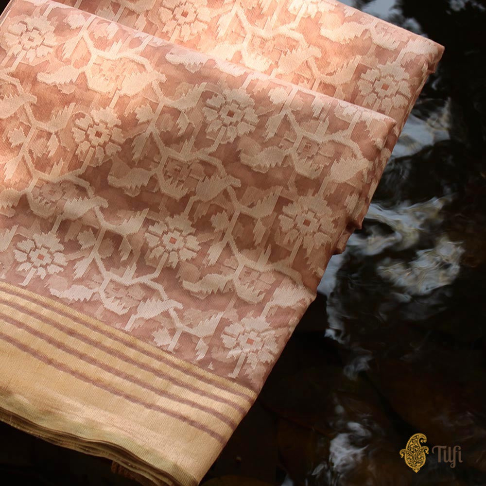 Light Old Rose Pink Pure Kora Silk Net Banarasi Handloom Saree
