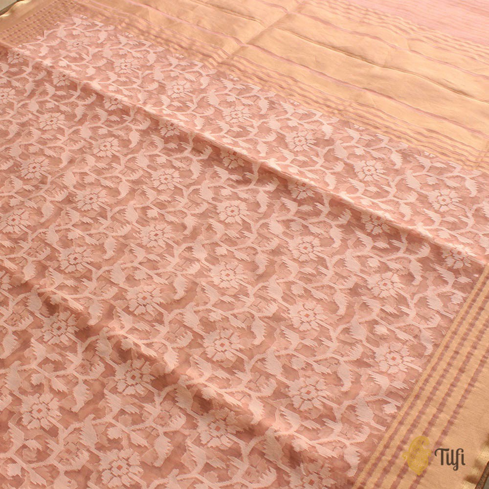 Light Old Rose Pink Pure Kora Silk Net Banarasi Handloom Saree