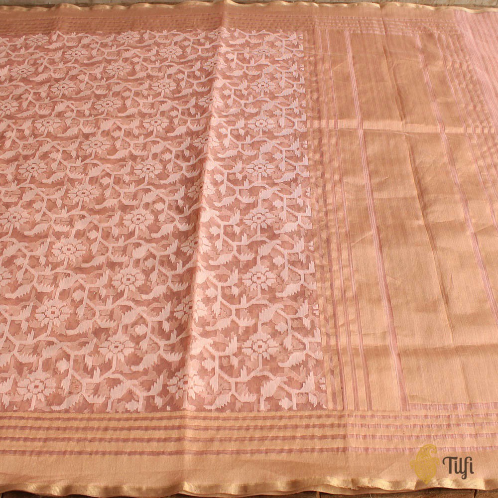 Light Old Rose Pink Pure Kora Silk Net Banarasi Handloom Saree