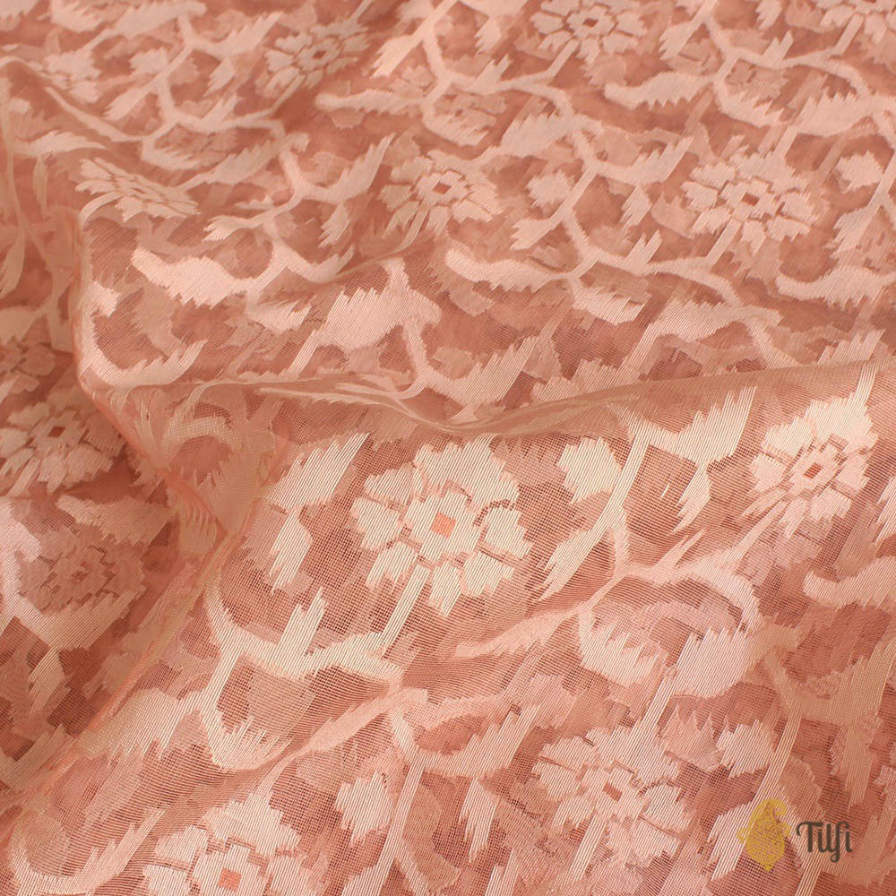 Light Old Rose Pink Pure Kora Silk Net Banarasi Handloom Saree