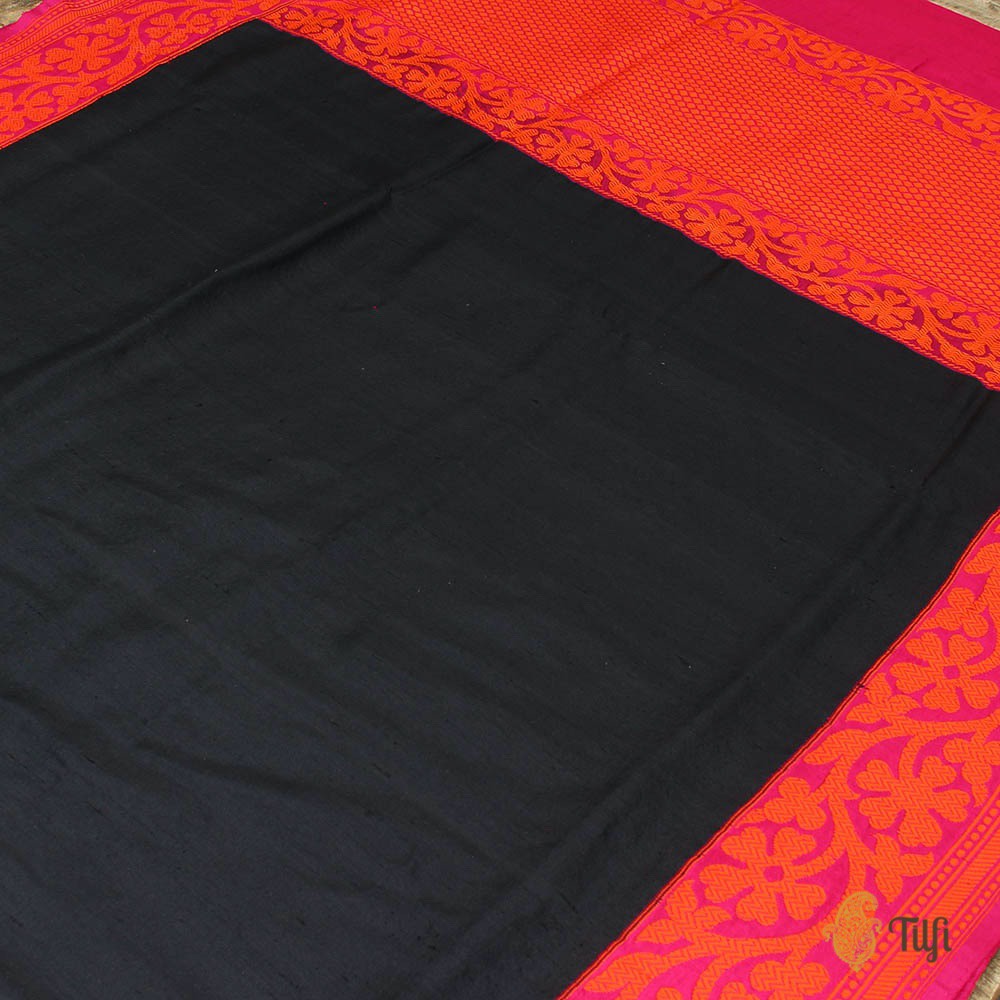 Black-Rani Pink Pure Dupion Silk Banarasi Handloom Saree