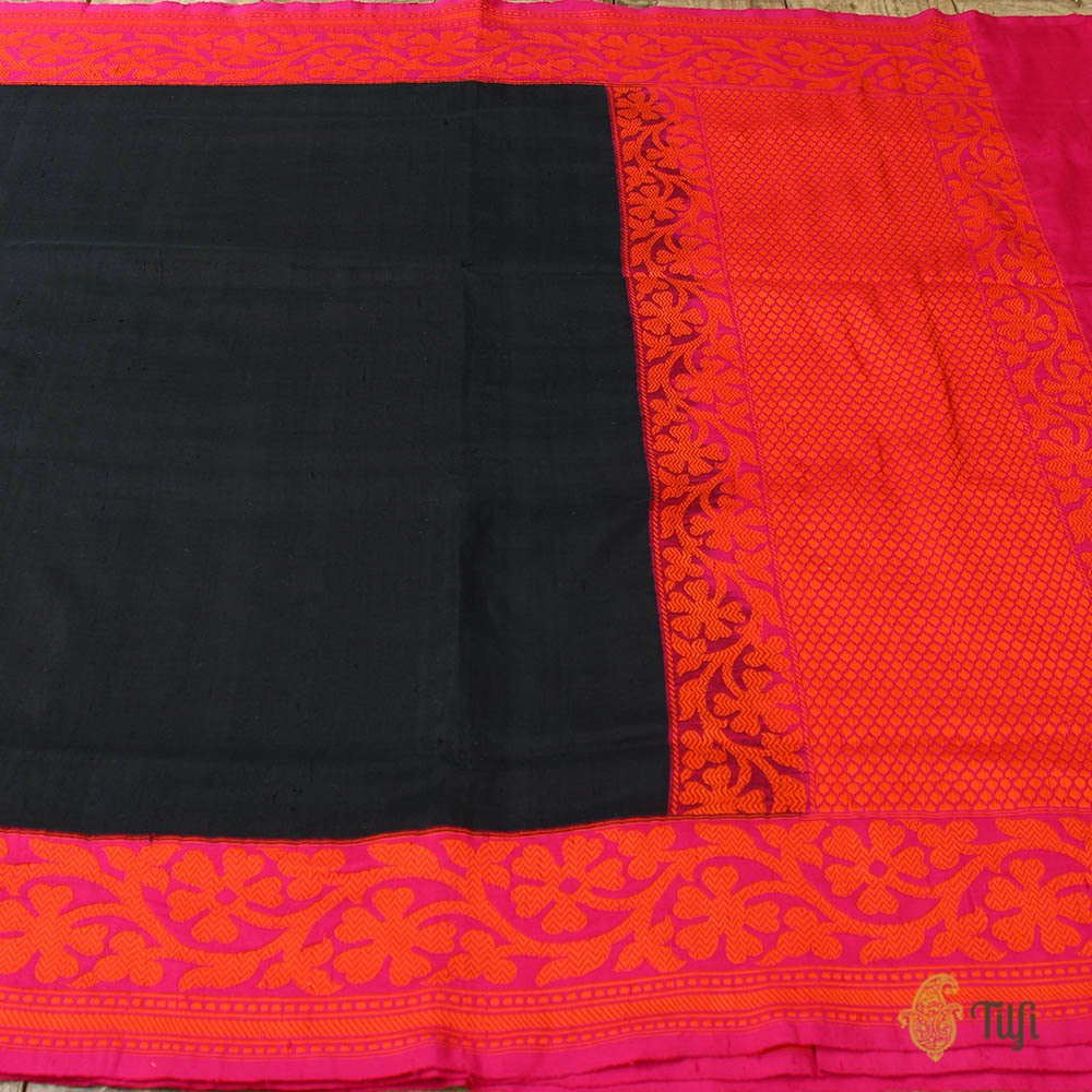 Black-Rani Pink Pure Dupion Silk Banarasi Handloom Saree