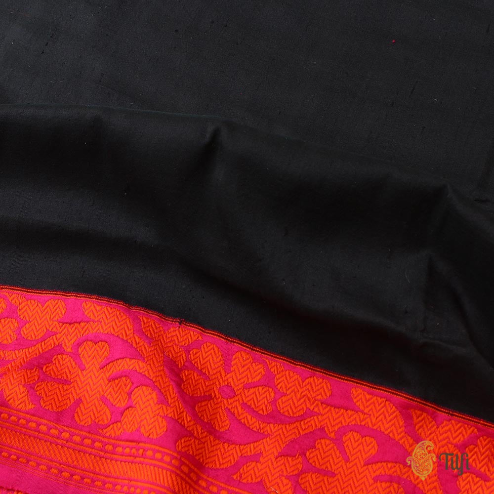 Black-Rani Pink Pure Dupion Silk Banarasi Handloom Saree