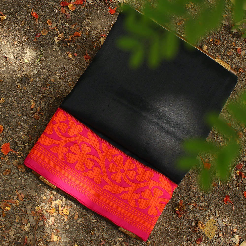 Black-Rani Pink Pure Dupion Silk Banarasi Handloom Saree