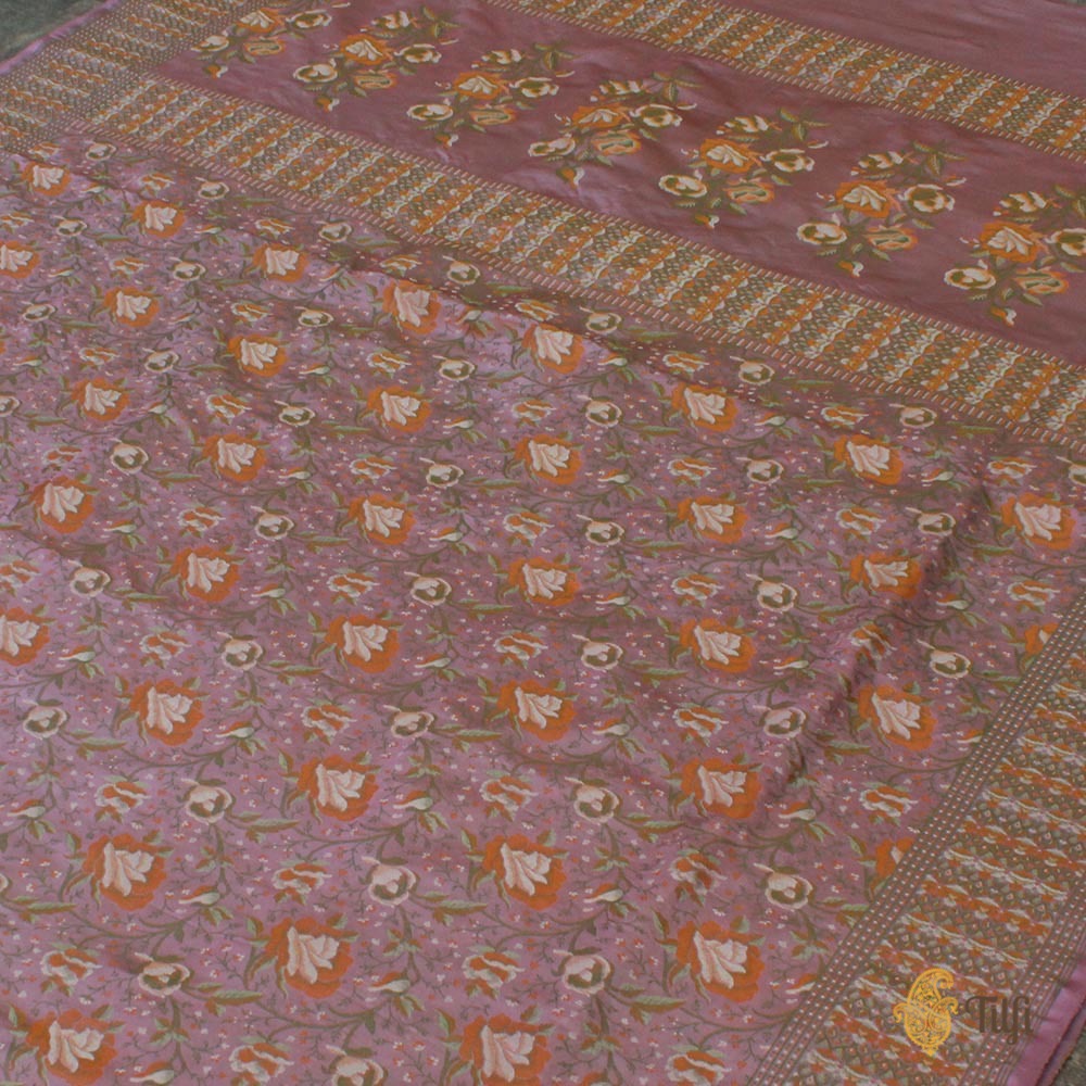 Mauve Pink Pure Soft Satin Silk Banarasi Handloom Saree