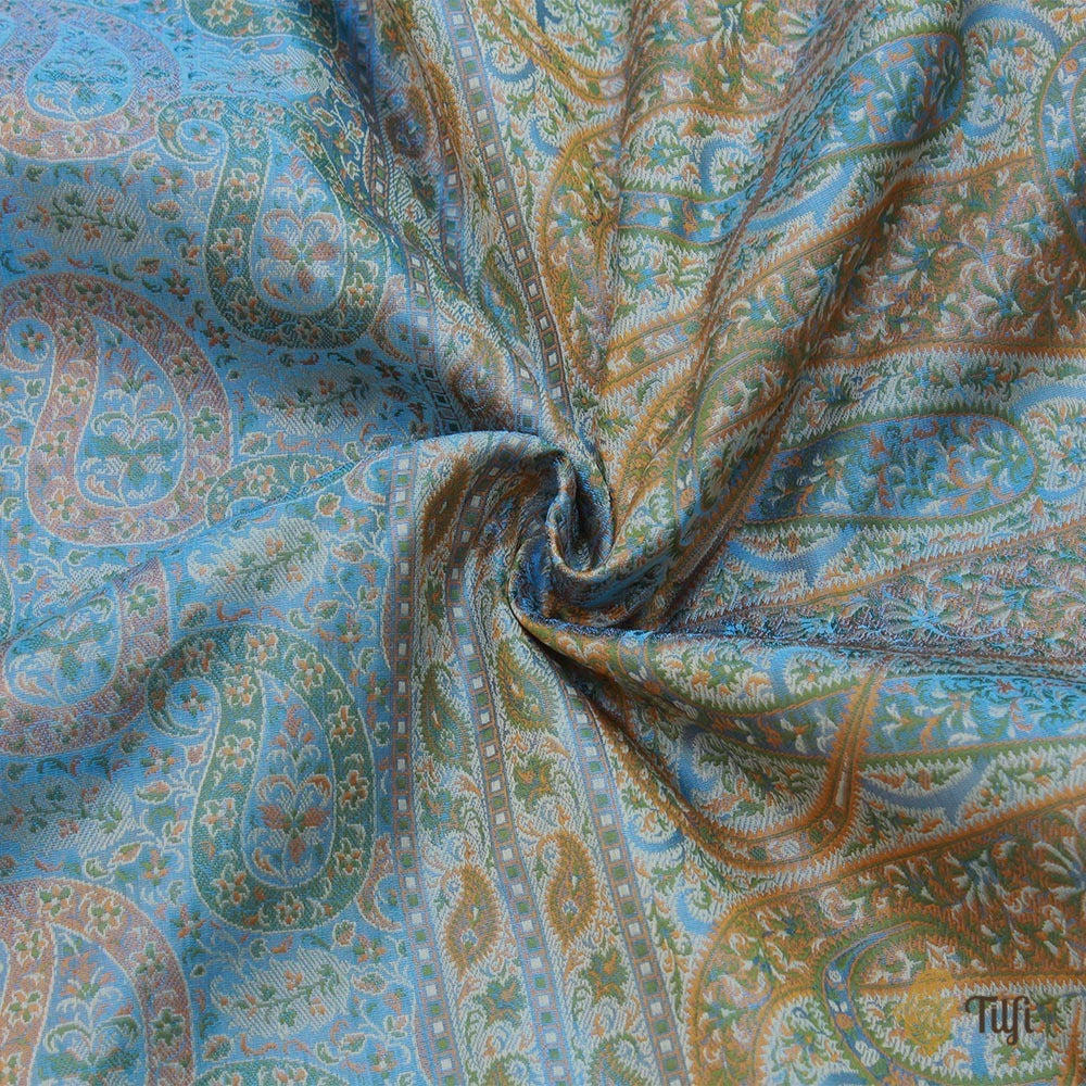 Maya Blue Pure Soft Satin Silk Tanchoi Jamawar Banarasi Handloom Saree