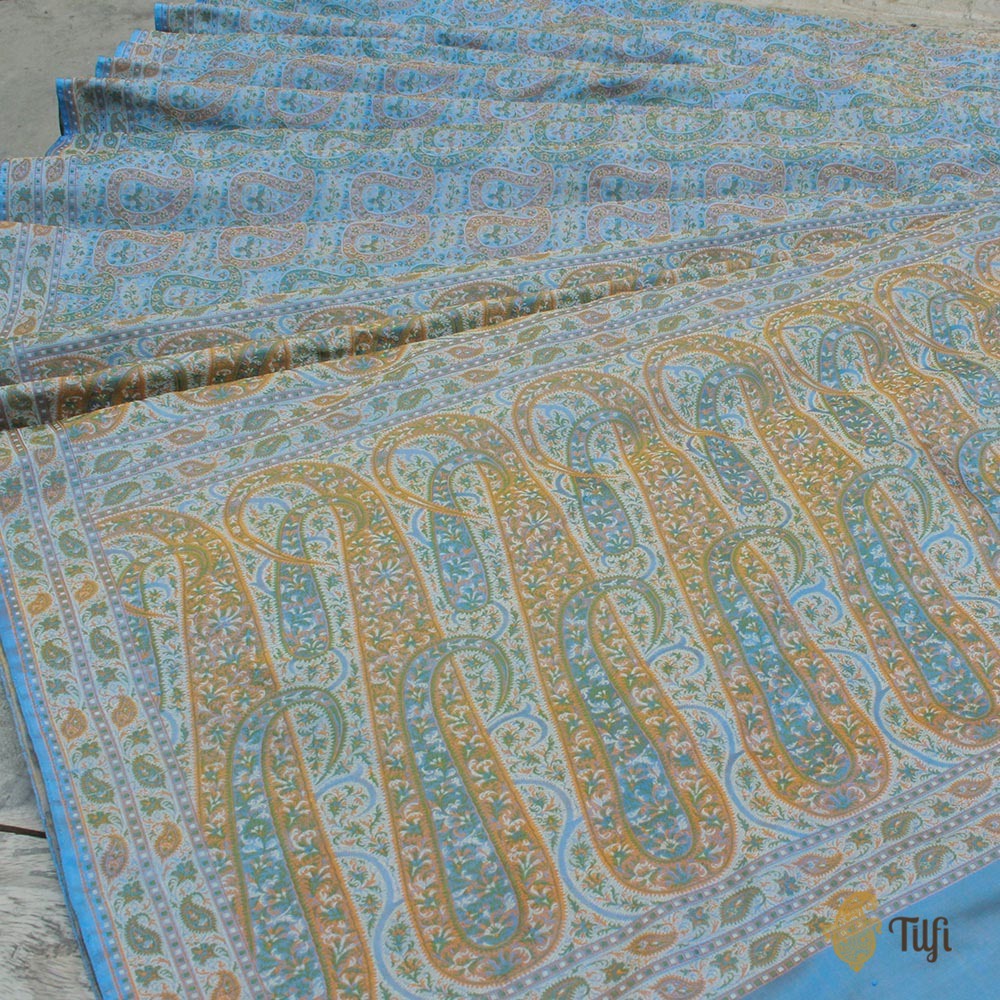 Maya Blue Pure Soft Satin Silk Tanchoi Jamawar Banarasi Handloom Saree