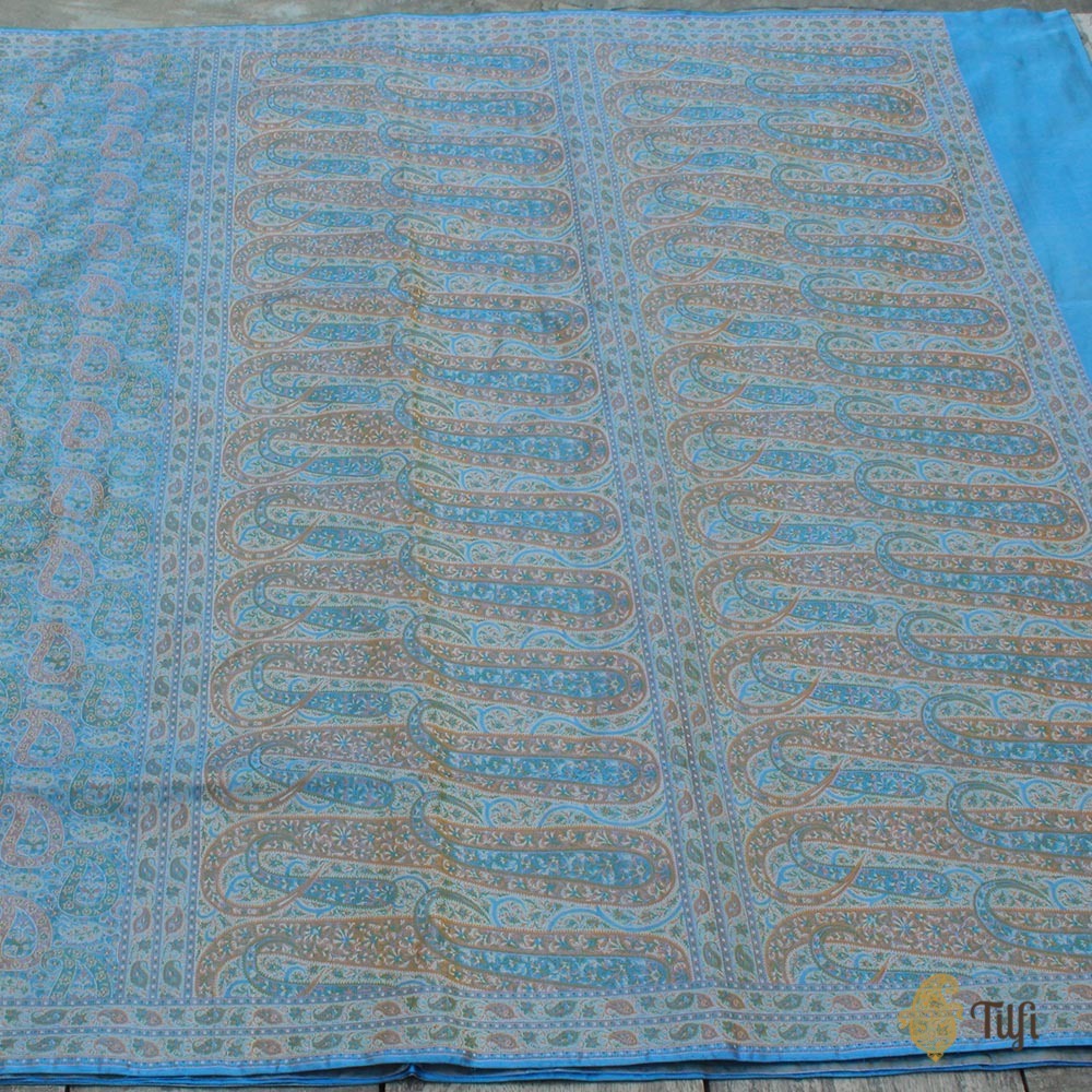 Maya Blue Pure Soft Satin Silk Tanchoi Jamawar Banarasi Handloom Saree