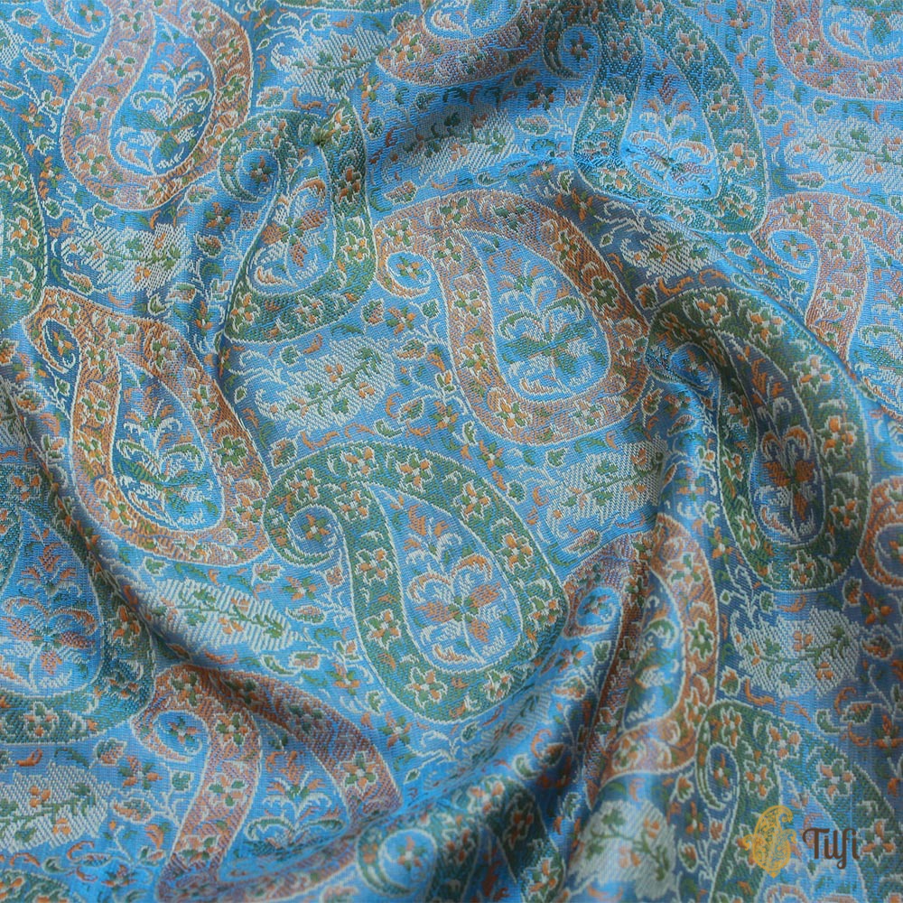 Maya Blue Pure Soft Satin Silk Tanchoi Jamawar Banarasi Handloom Saree