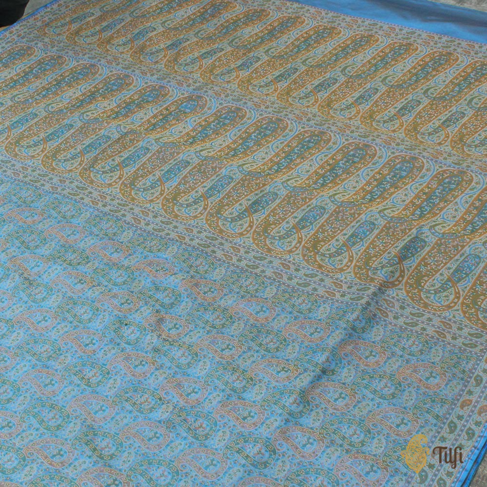 Maya Blue Pure Soft Satin Silk Tanchoi Jamawar Banarasi Handloom Saree