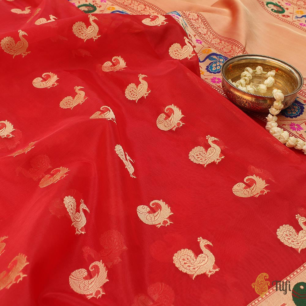 Red Pure Kora Silk Banarasi Paithani Handloom Saree